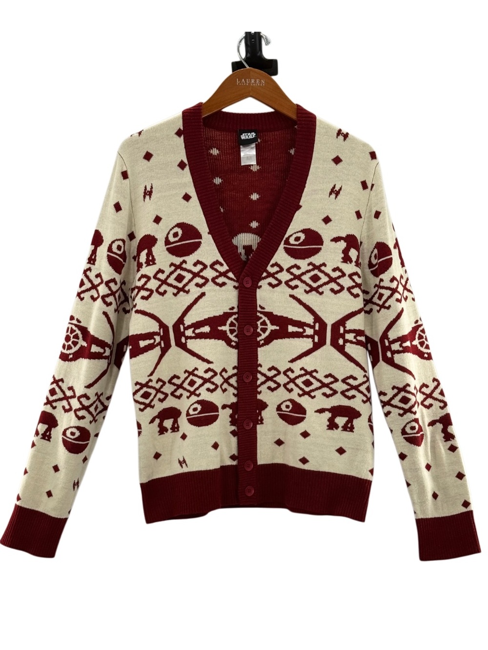 Star Wars Fair Isle Cardigan Sweater Death Star AT-AT Red Cream Size M